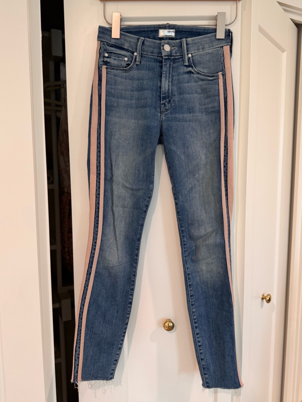 Mother The Looker Ankle Fray pink racer stripe jeans